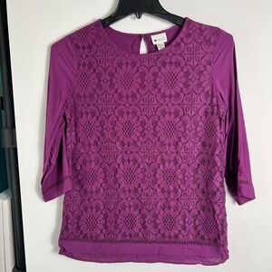 Stylus Womens Size Small  Purple Lace Overlay Blouse 3/4 Sleeve Lined